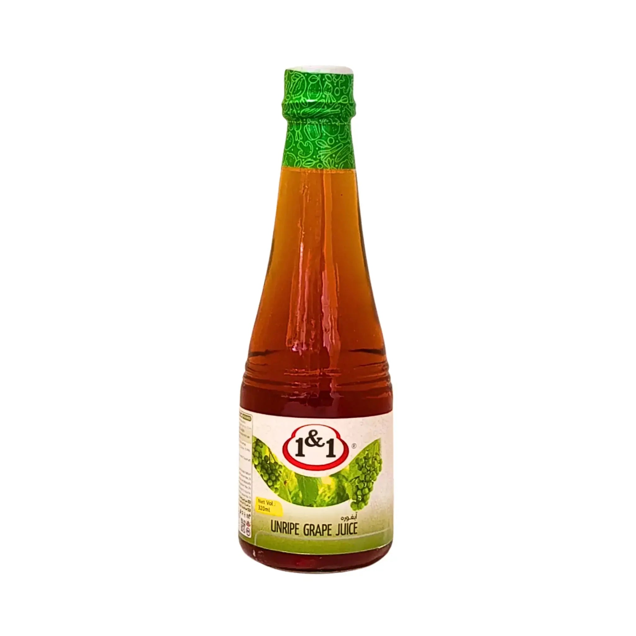 Flaska med Aab Ghoureh sura druvor juice 1&1, orientalisk dryck på vit bakgrund.