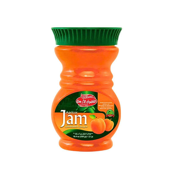 Aprikosmarmelad i plastburk, 550g, med färgstark etikett och grön kork mot vit bakgrund.