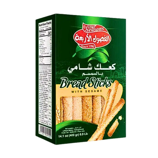 Förpackning med Four Seasons brödpinnar med sesam 400g, orientaliska snacks.