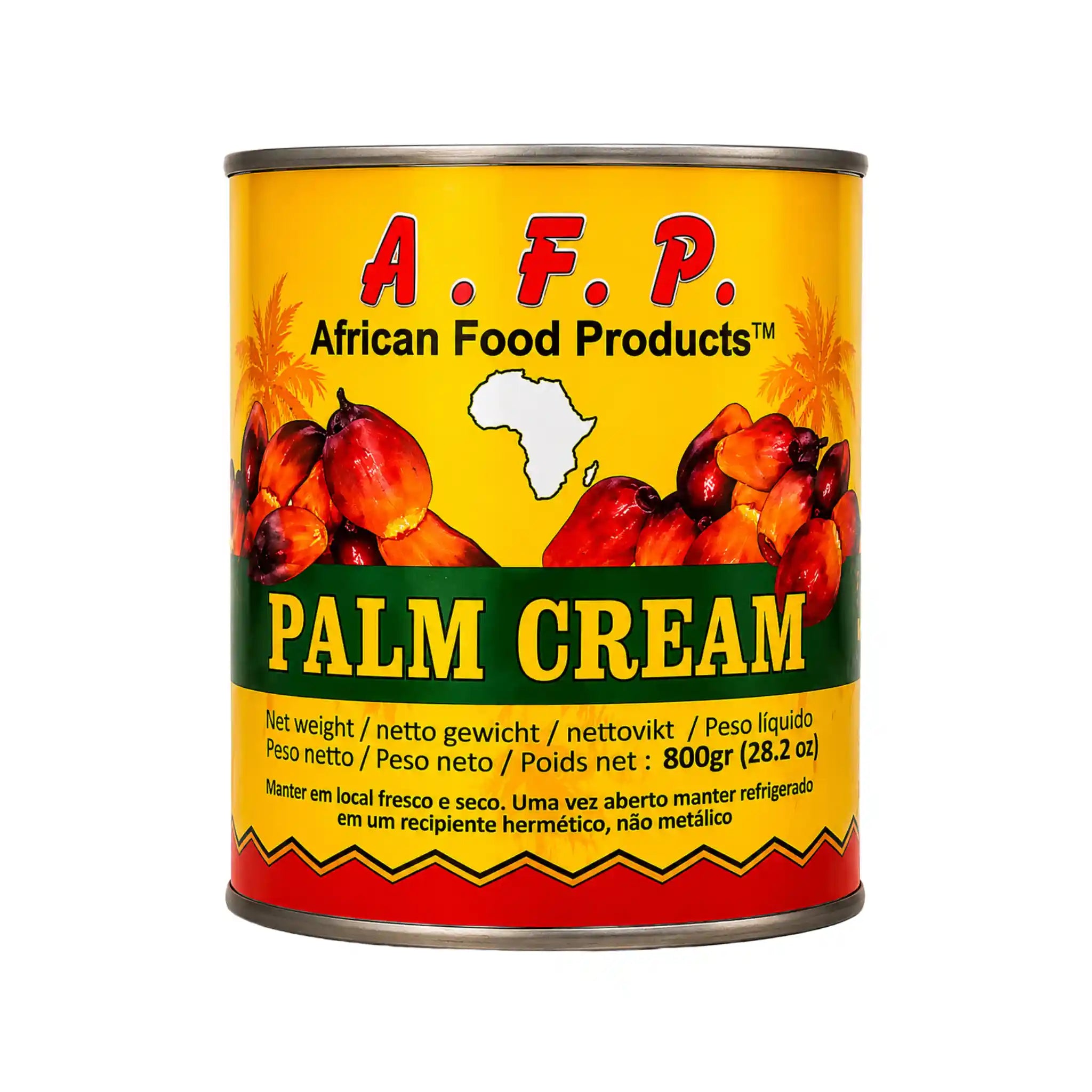 Palmkräm i gul burk med A.F.P.-text och afrikanska palmfrukter på etiketten