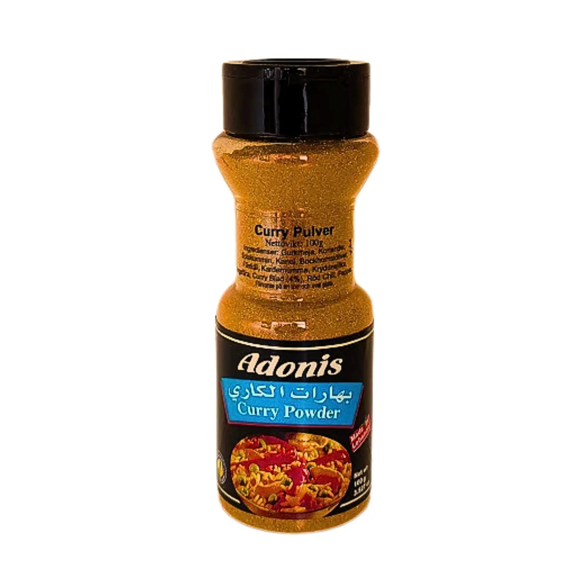 Adonis curry mild 100g kryddburk, curry pulver med svart lock och matbild på etiketten