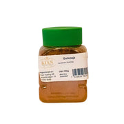 Plastburk med 150g gurkmeja, grön lock, tydlig etikett, orientalisk krydda.