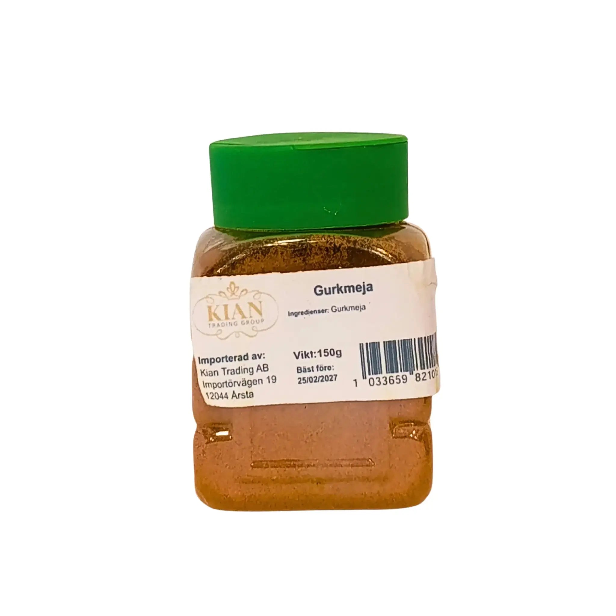 Plastburk med 150g gurkmeja, grön lock, tydlig etikett, orientalisk krydda.
