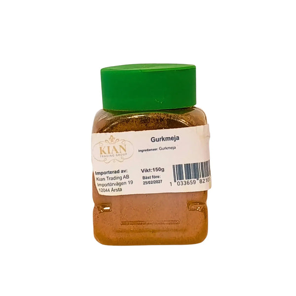 Plastburk med 150g gurkmeja, grön lock, tydlig etikett, orientalisk krydda.