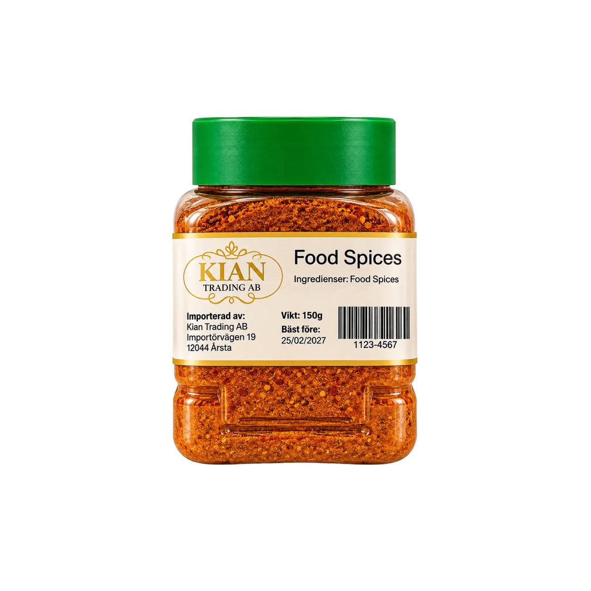 Kryddblandning i glasburk med grön lock, märkt KIAN Food Spices