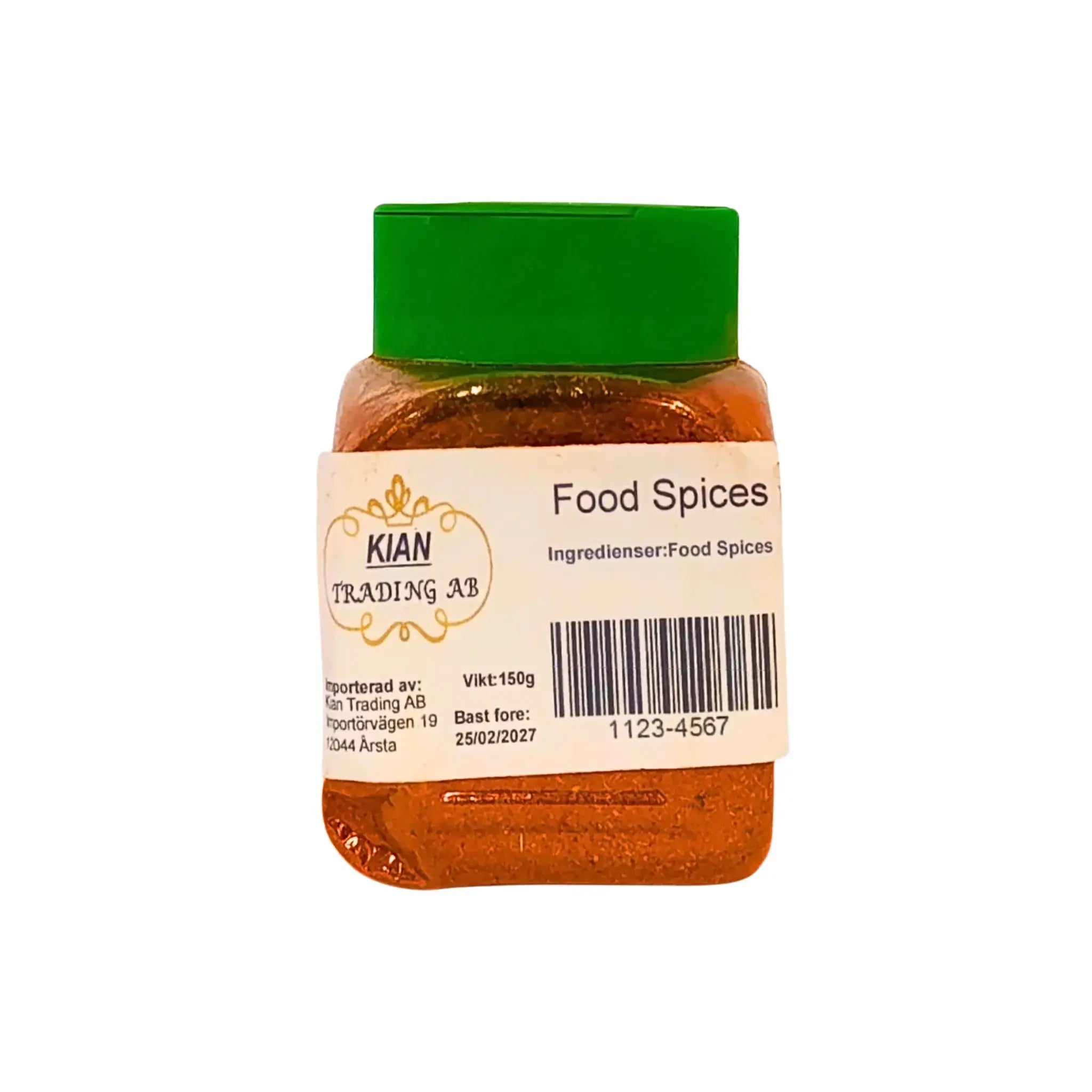 Burk med malda afghanska blandade kryddor, 150g, grön kork, vit etikett.