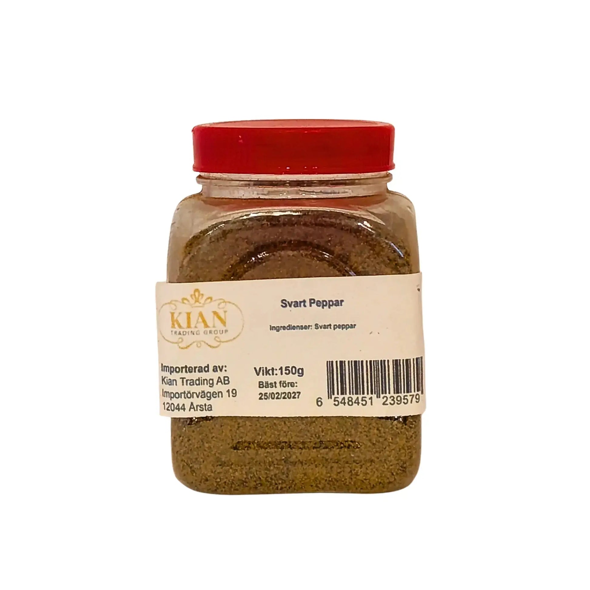 Burk med malen svartpeppar 150g med röd kork och tydlig etikett, orientalisk krydda