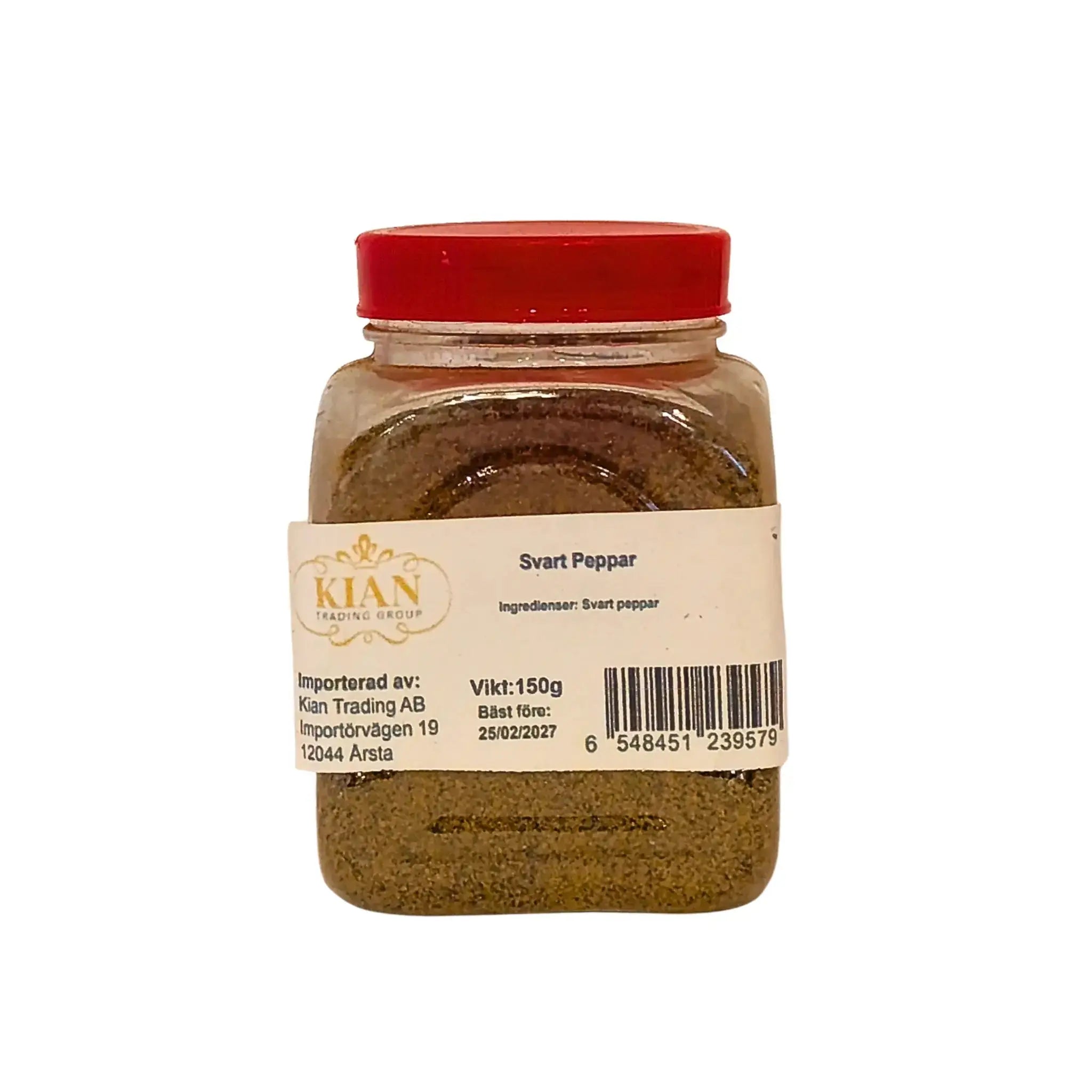 Burk med malen svartpeppar 150g med röd kork och tydlig etikett, orientalisk krydda