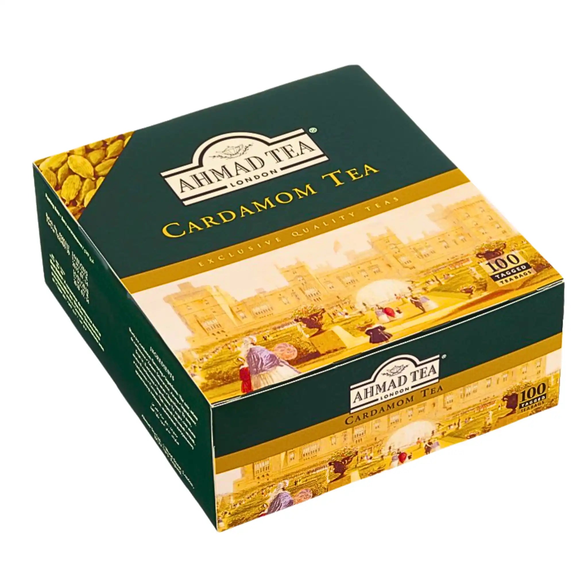 Grön förpackning Ahmad Tea kardemumma te 100 påsar, orientaliskt te, tydlig logga.