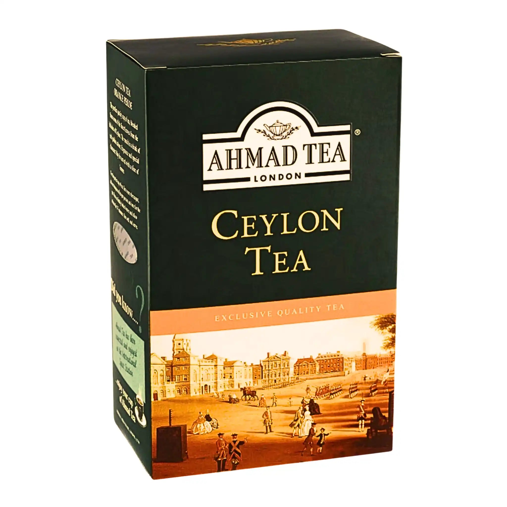 Förpackning av Ahmad Tea Ceylon te 500g med klassisk stadsscen illustration.