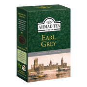 Ahmad Tea Earl Grey tebox, grön kartong med logotyp och etikett