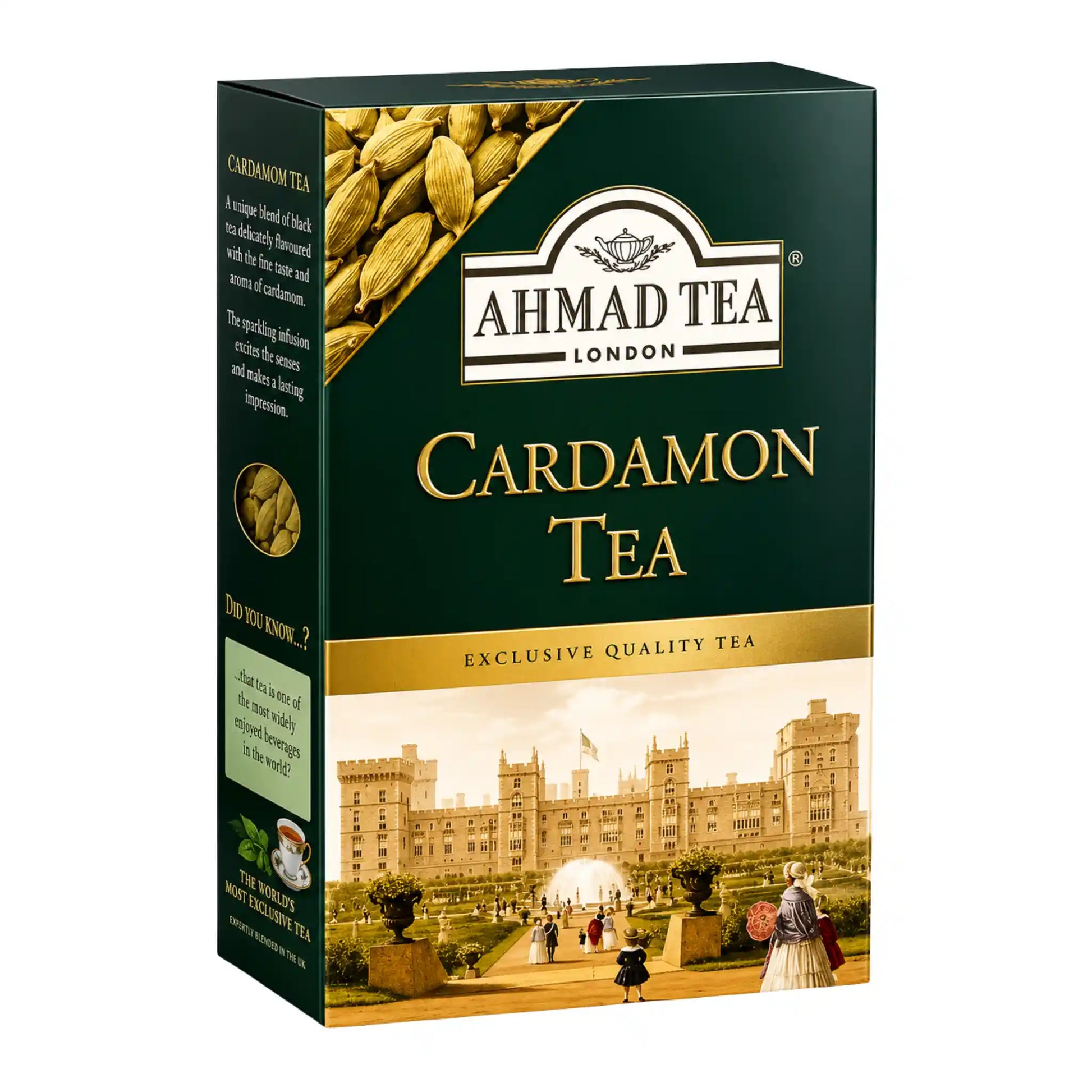Kardemummate i kartongförpackning, Ahmad Tea, 500 g, grön design