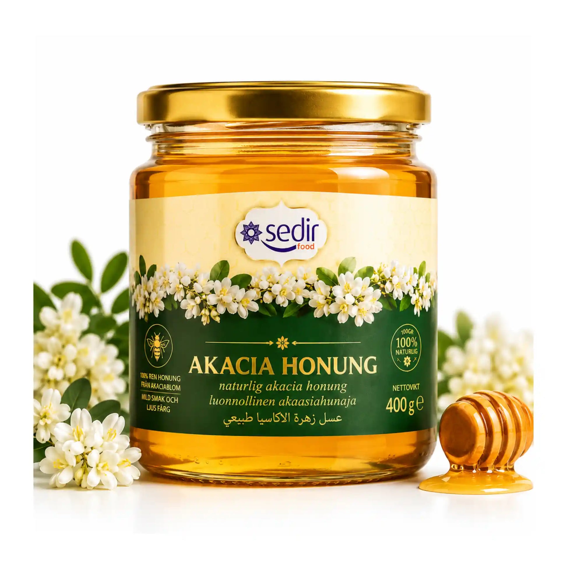 Akaciahonung i glasburk från Sedir, 400 g, gul etikett och guldfärgat lock