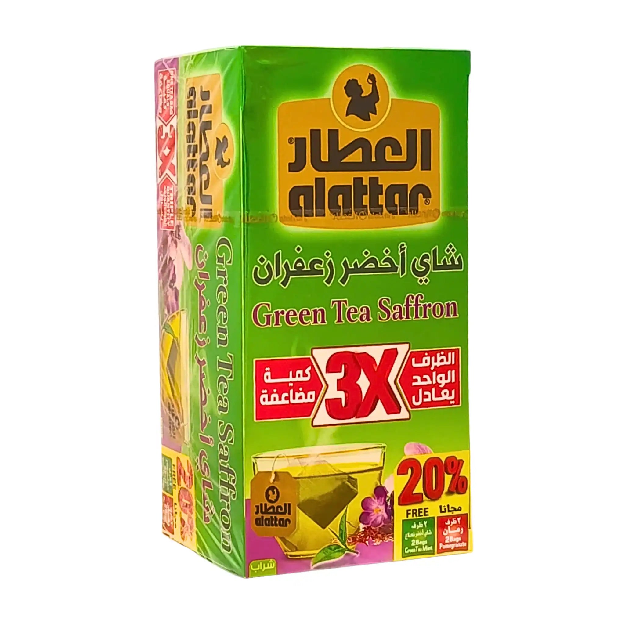 Grönt te saffran 24-pack, färgglad förpackning med blom- och tebild, österländskt te