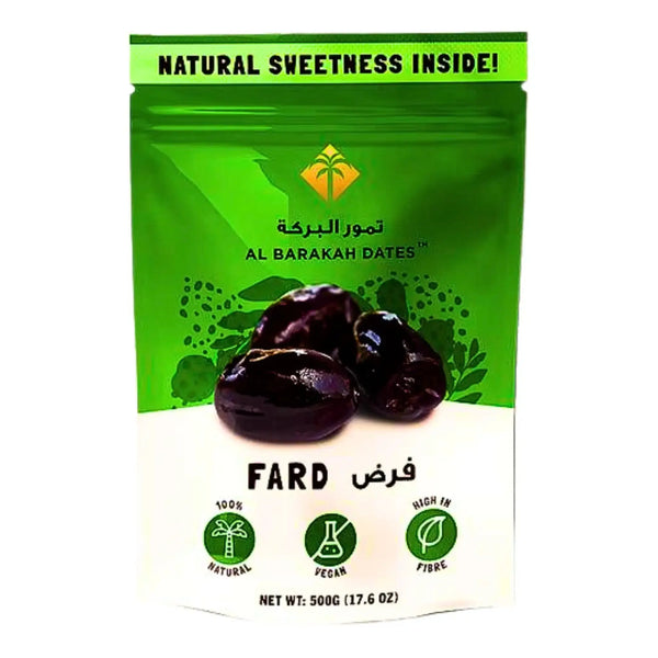 Färgglad grön förpackning med Fard-dadlar, 500g, vegansk, rik på fiber och naturlig.