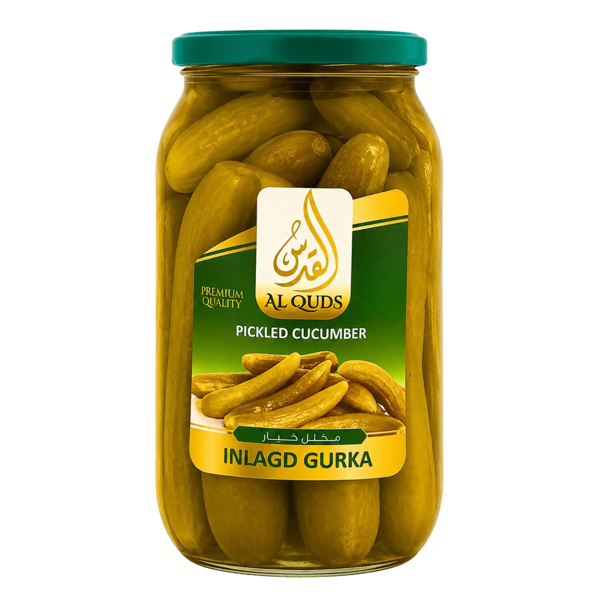 Al Quds inlagd gurka i glasburk, 1 kg med gröna inlagda gurkor och grön lock