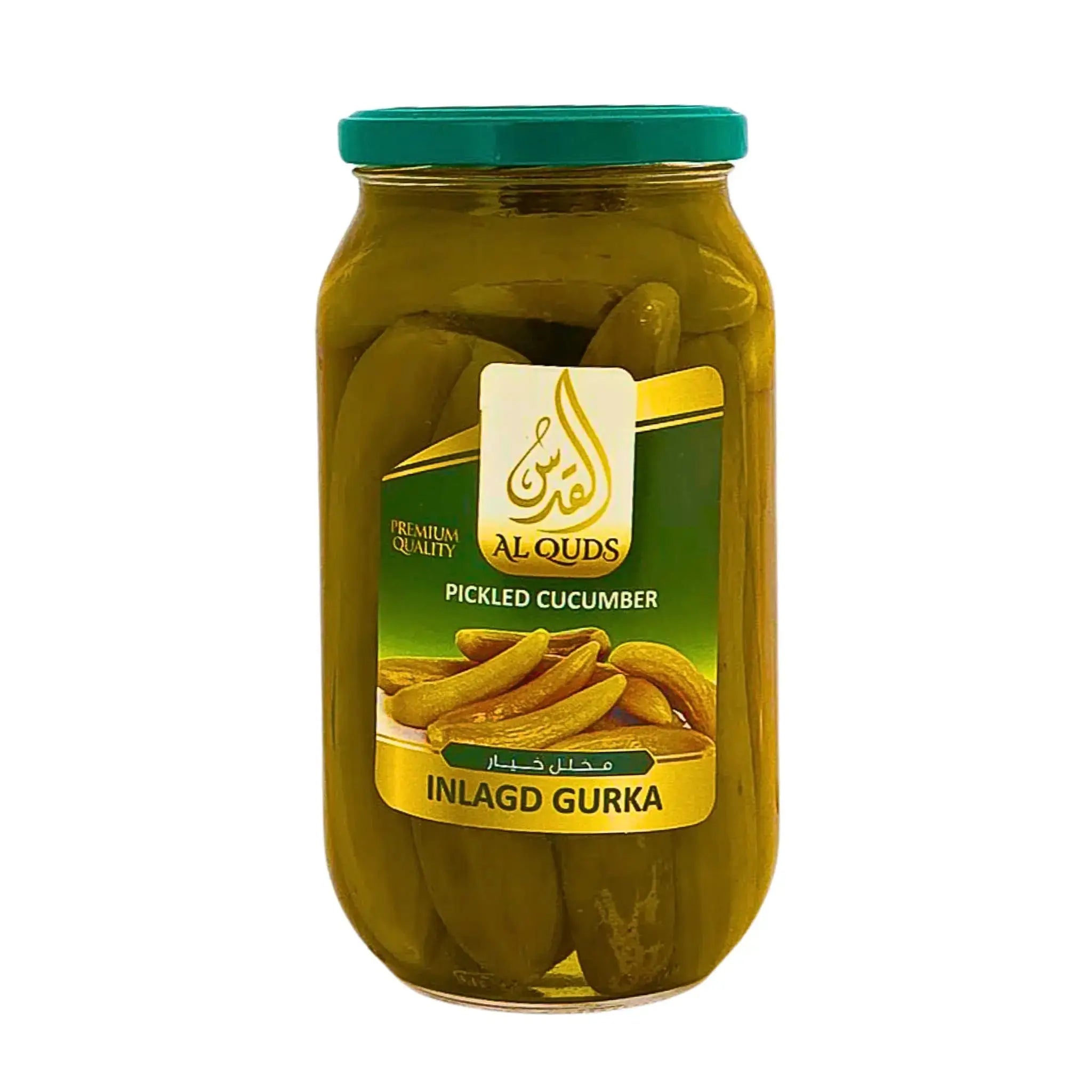 Burk med Al Quds inlagd gurka orientalisk picklad gurka 1kg på vit bakgrund