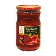 Glasburk med stark paprikapuré 650g, röd etikett med bild på paprika, orientaliska livsmedel