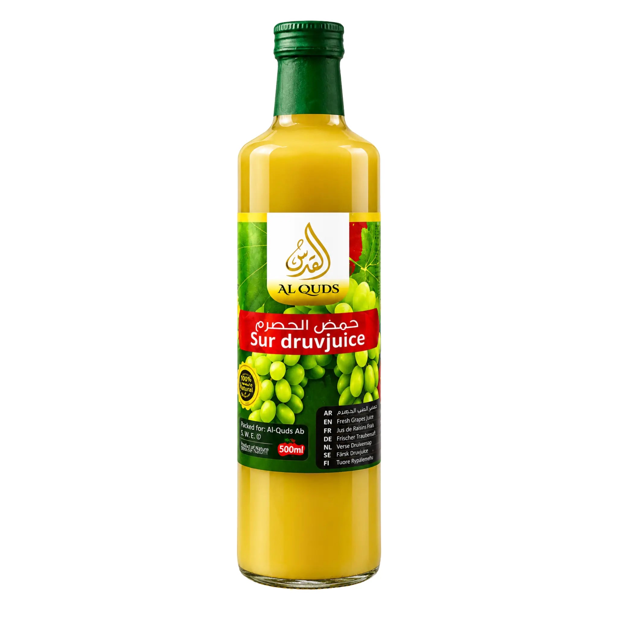 Glasflaska med Al Quds sur druvjuice 500ml syrlig druvsaft för matlagning.