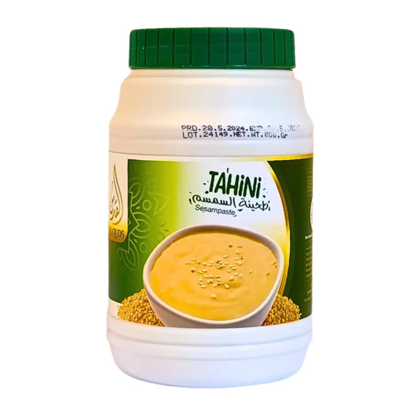 Stor burk tahini sesampasta 800g med grön lock, orientaliskt motiv på etiketten.