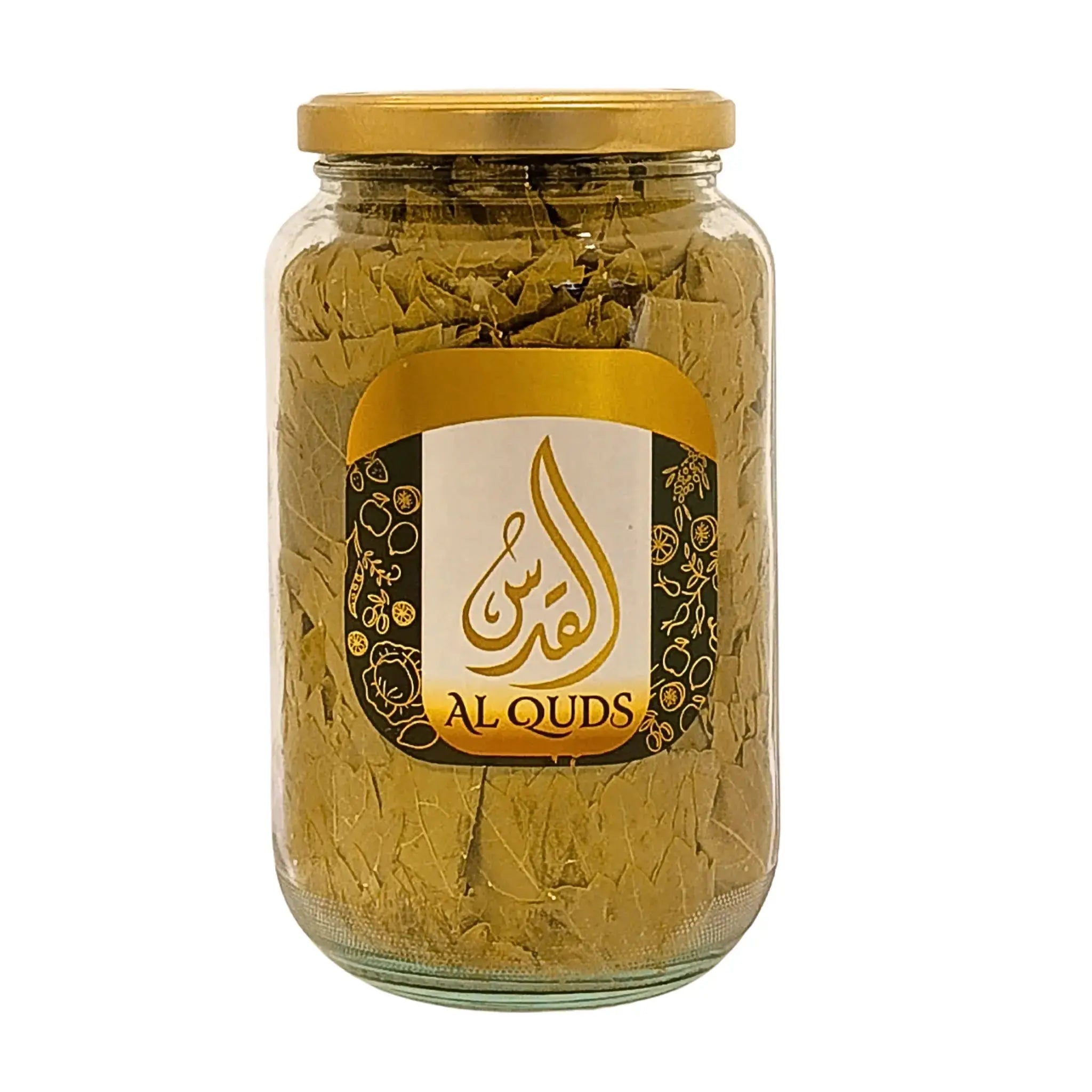 Glasburk med inlagda vinblad Al Quds, orientaliskt livsmedel, guldlock