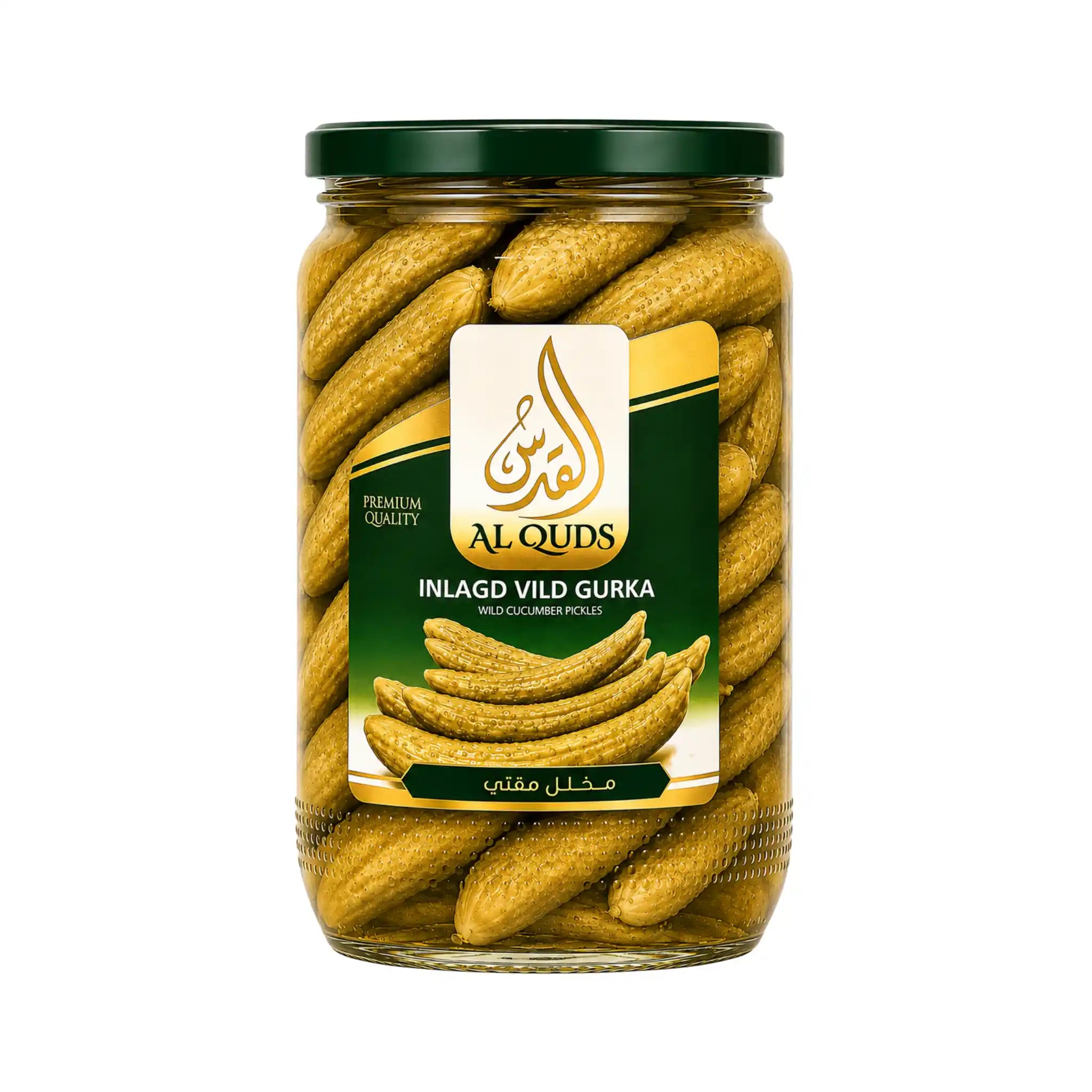 Inlagda vildgurkor i glasburk med grön lock och etikett, 600 g