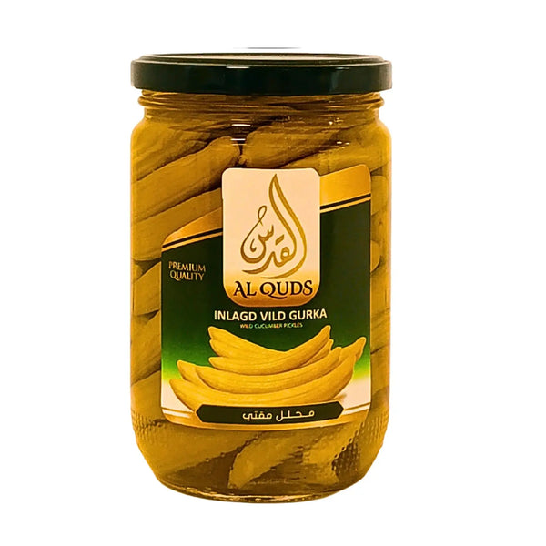 Burk med inlagd vild gurka, Al Quds, orientaliska pickles, 600g, grön etikett