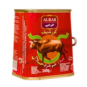 Konserv med corned beef, röd förpackning, illustration av ko, halal, 340 gram
