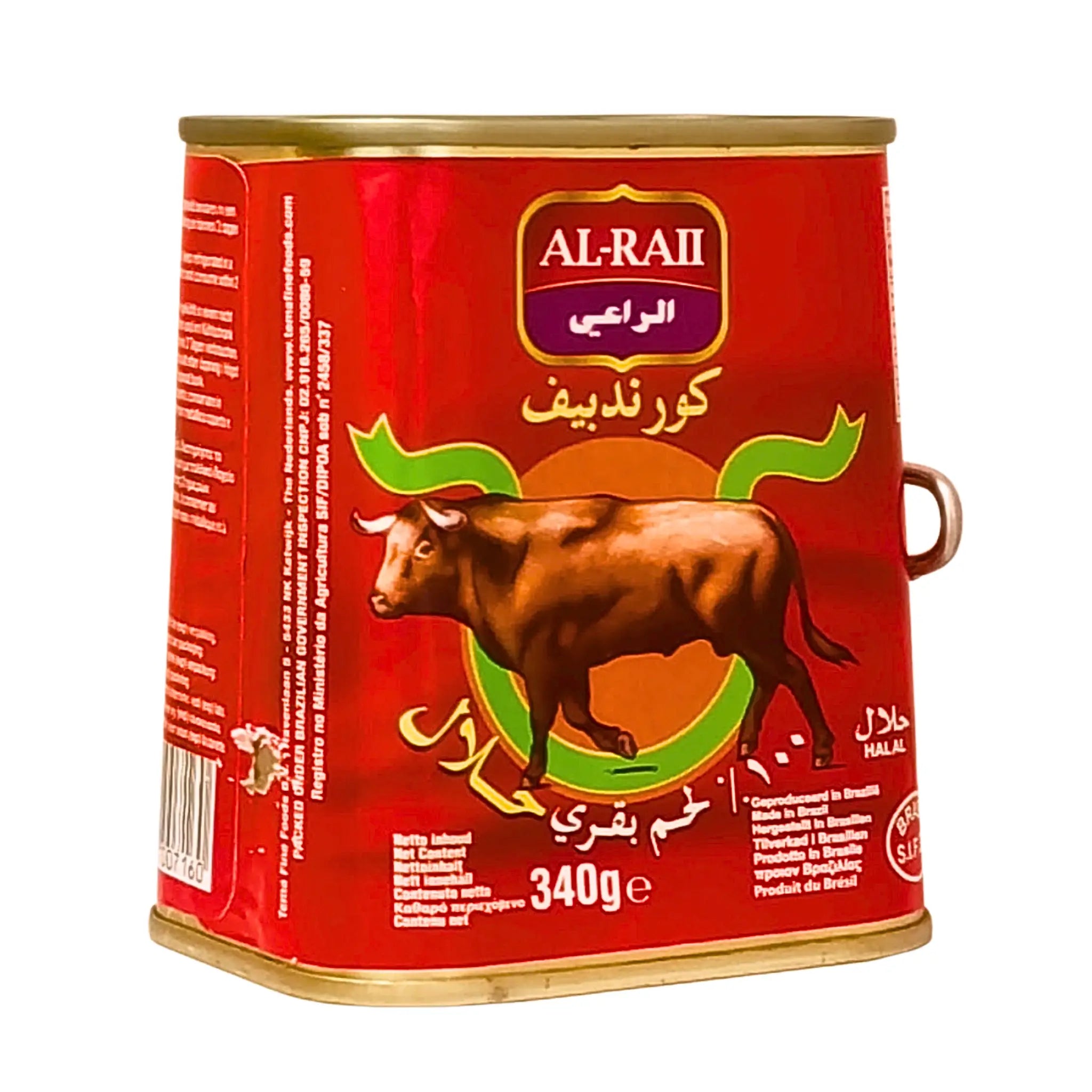 Konserv med corned beef, röd förpackning, illustration av ko, halal, 340 gram