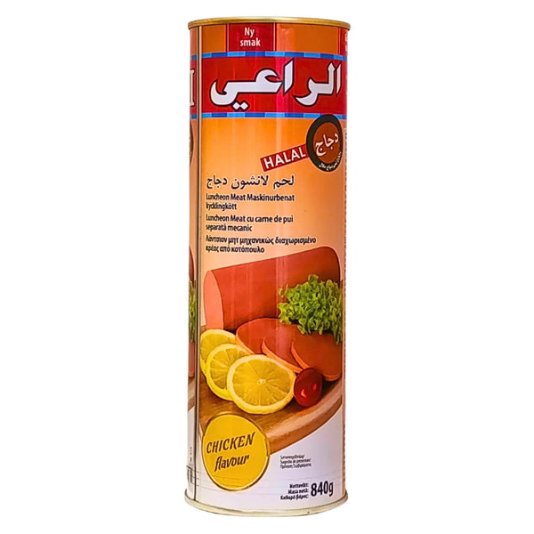Kyckling luncheon meat 840g burk, halal, orientalisk konserv, citrus och sallad på etiketten
