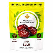Lulu Al Barakah dadlar, 500 g, vegansk påse i gul och vit färg