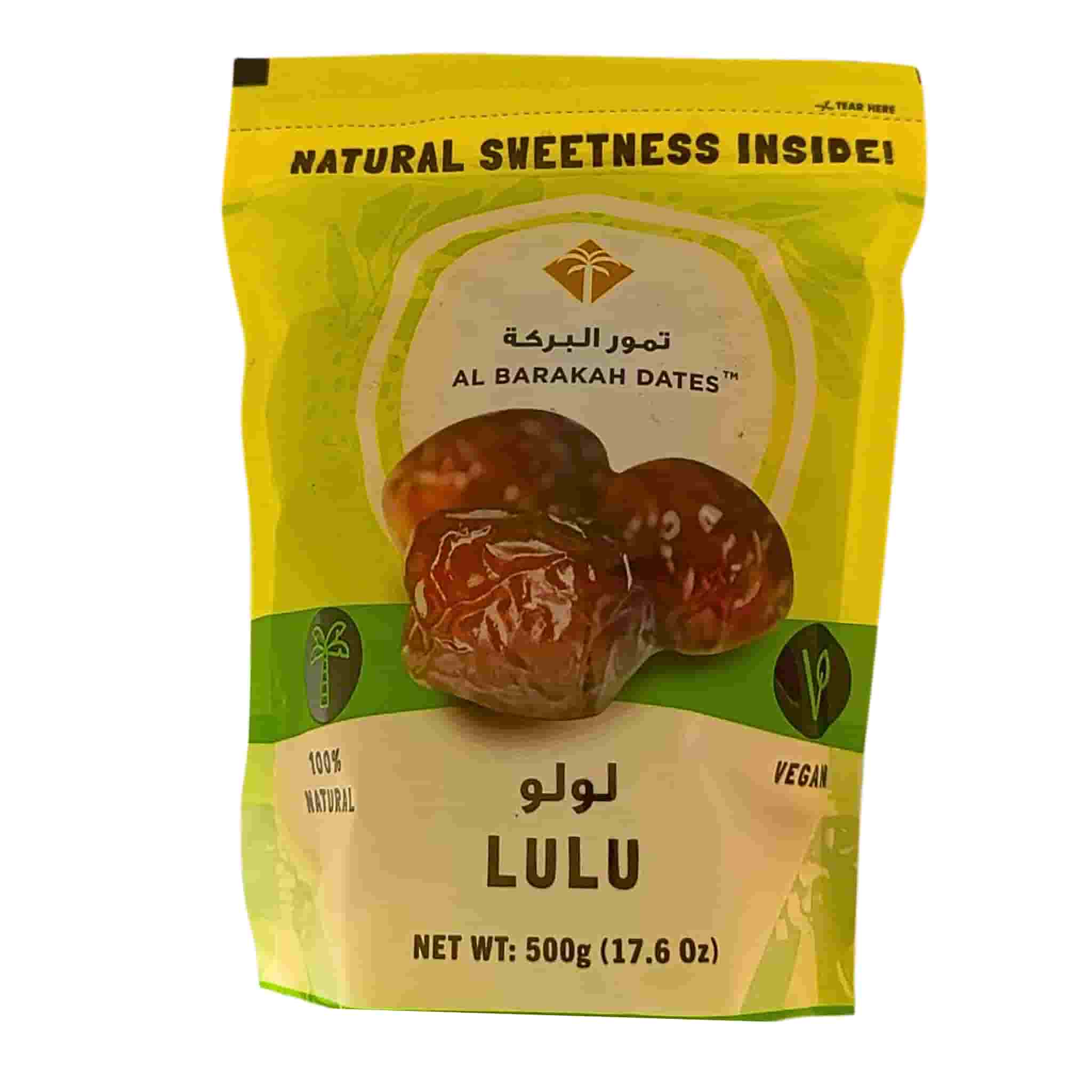 Lulu dadlar 500g, Al Barakah, vegansk och naturlig produkt i gul förpackning