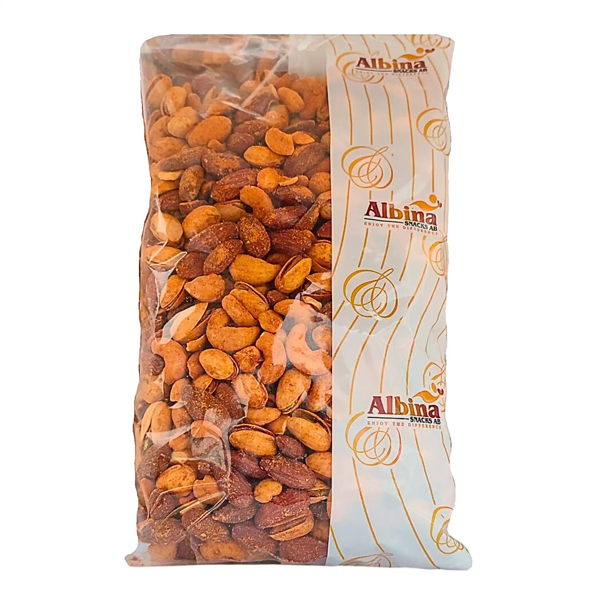 Blandade nötter i genomskinlig 1 kg påse med Albina Snacks logotyp, orientaliska snacks.