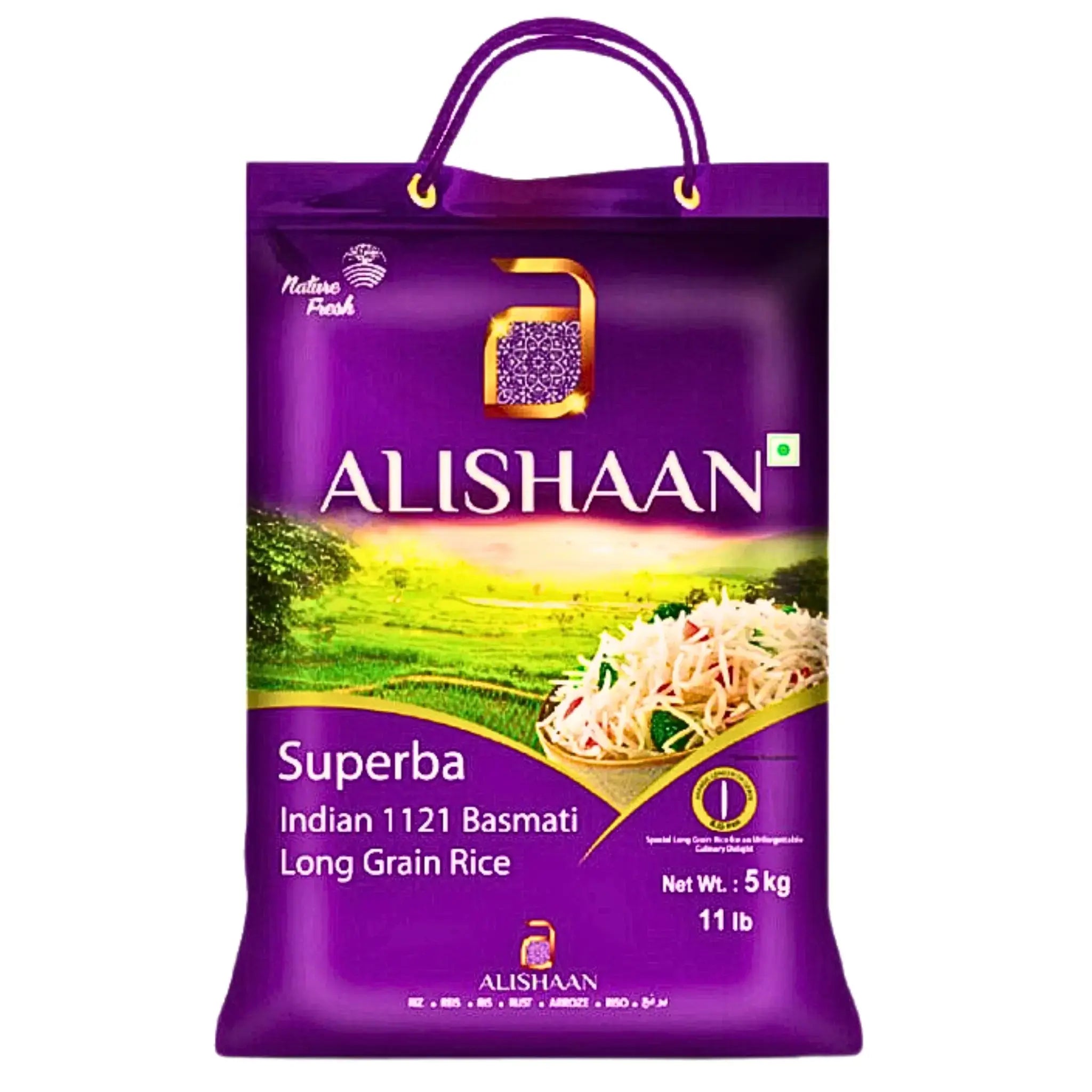 Påse med Alishaan Superba indiskt 1121 basmati långkornigt ris 5kg, orientalisk mat.