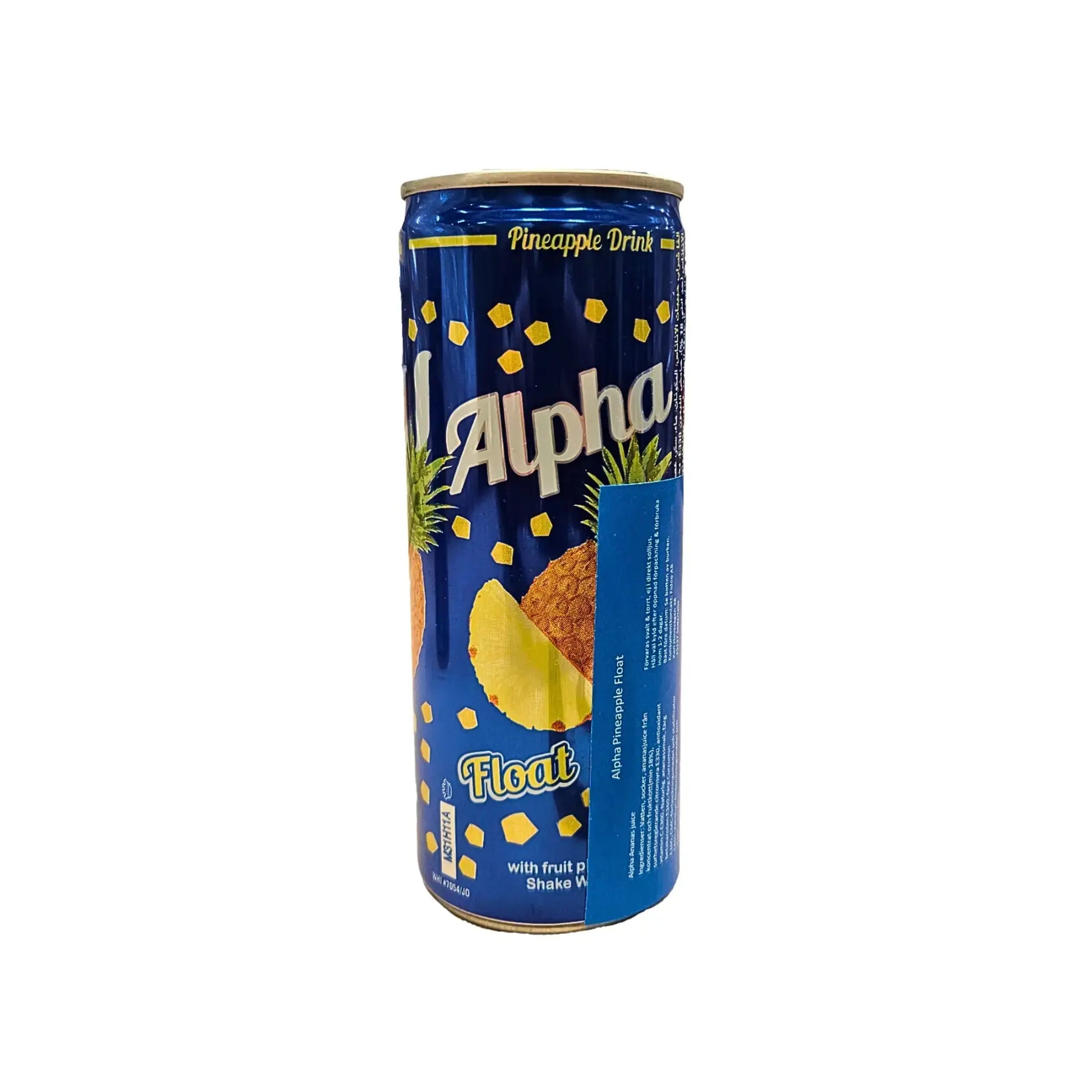 Ananasdryck Alpha Float i blå burk, 250 ml, med fruktbitar på vit bakgrund