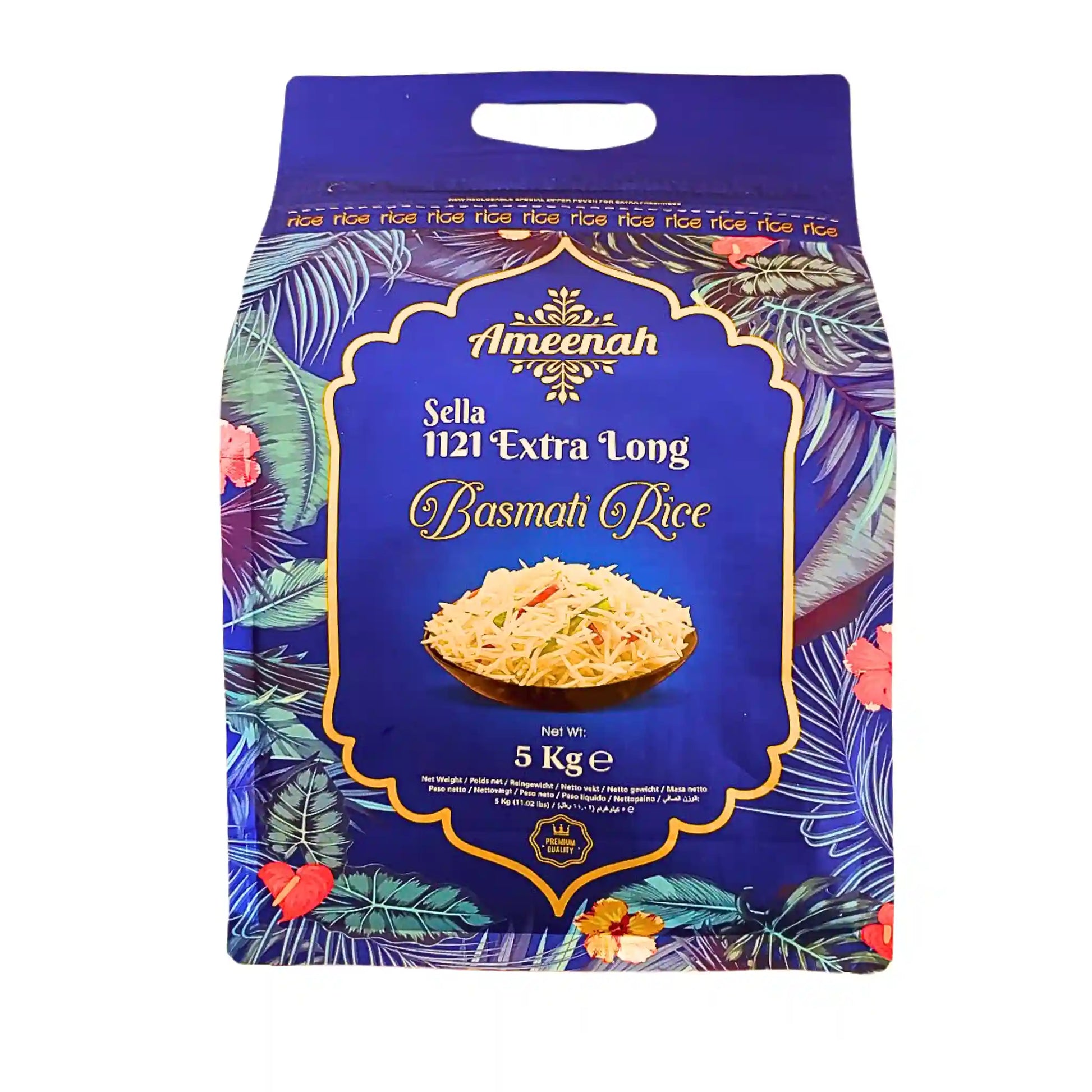 Ameenah Sella 1121 extra lång basmatiris 5kg påse med exotiskt blom- och bladmotiv
