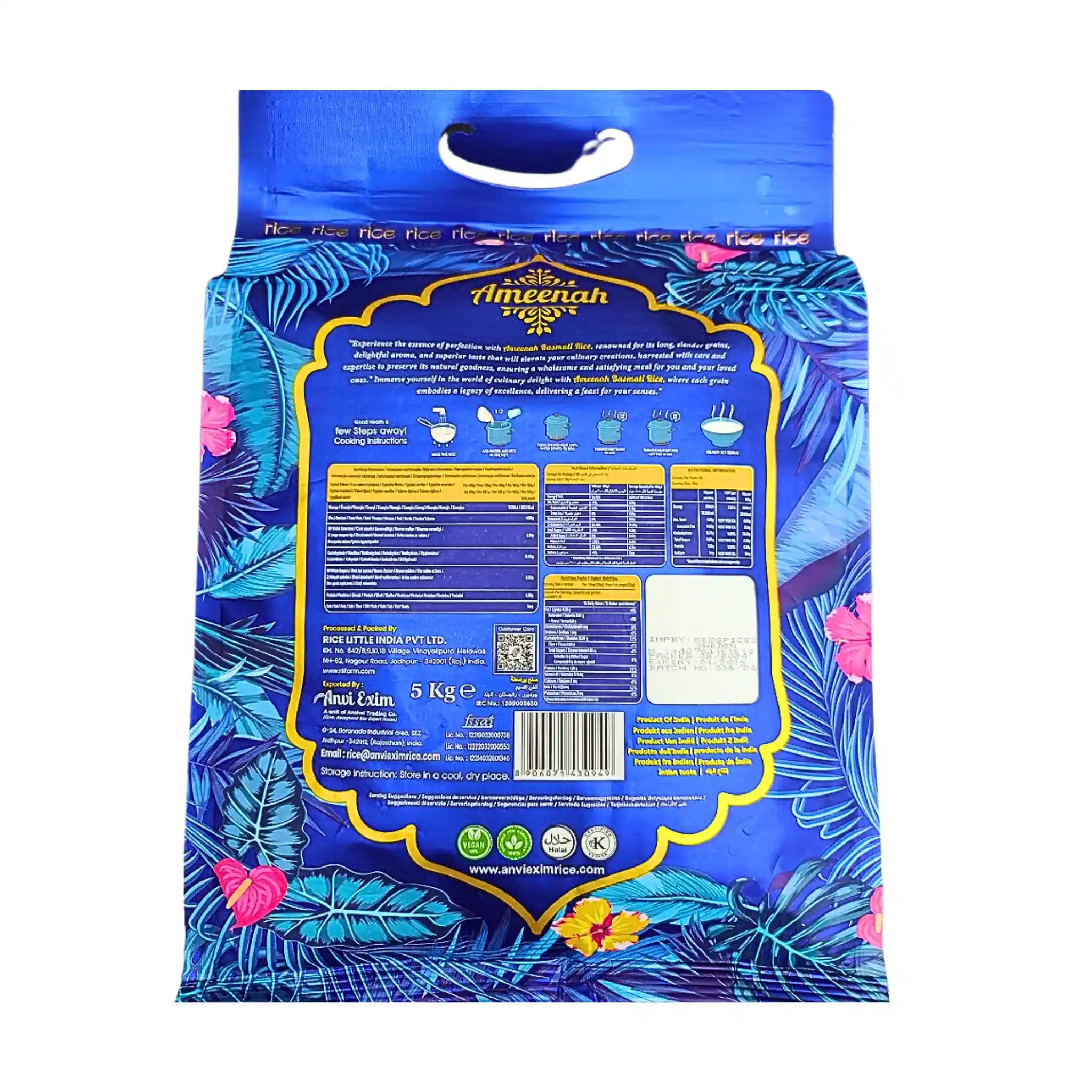 Baksida av Ameenah Basmati ris 5 kg med blå förpackning, näringsvärde och tillagningsinstruktioner.