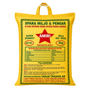 Amiri basmatiris 5 kg i gul påse med logotyp och näringsinformation