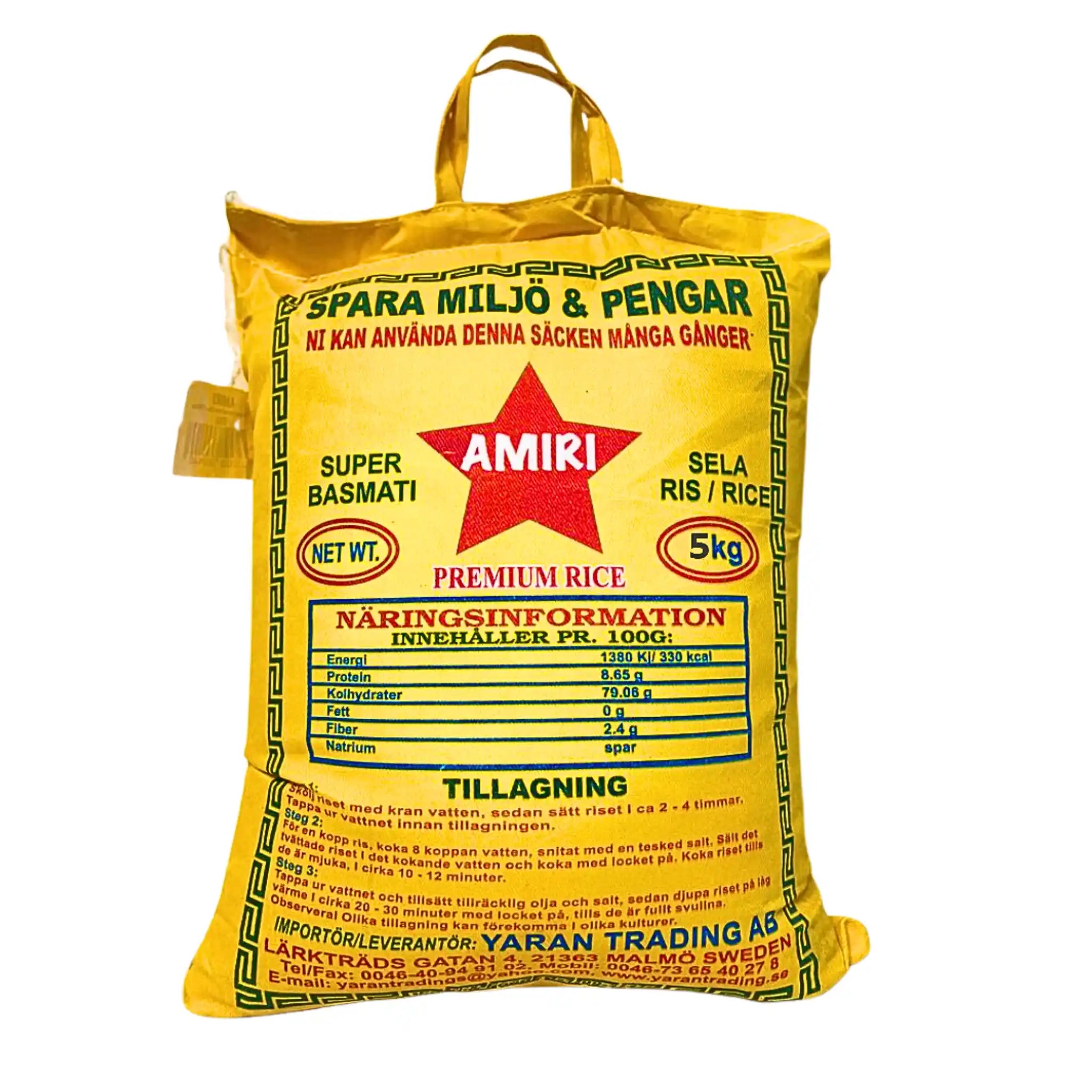 Gul 5 kg Amiri Super Basmati rispåse med svensk text och näringsinformation.