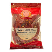 Påse med torkad röd chili med stjälk 100g, orientaliskt livsmedel.