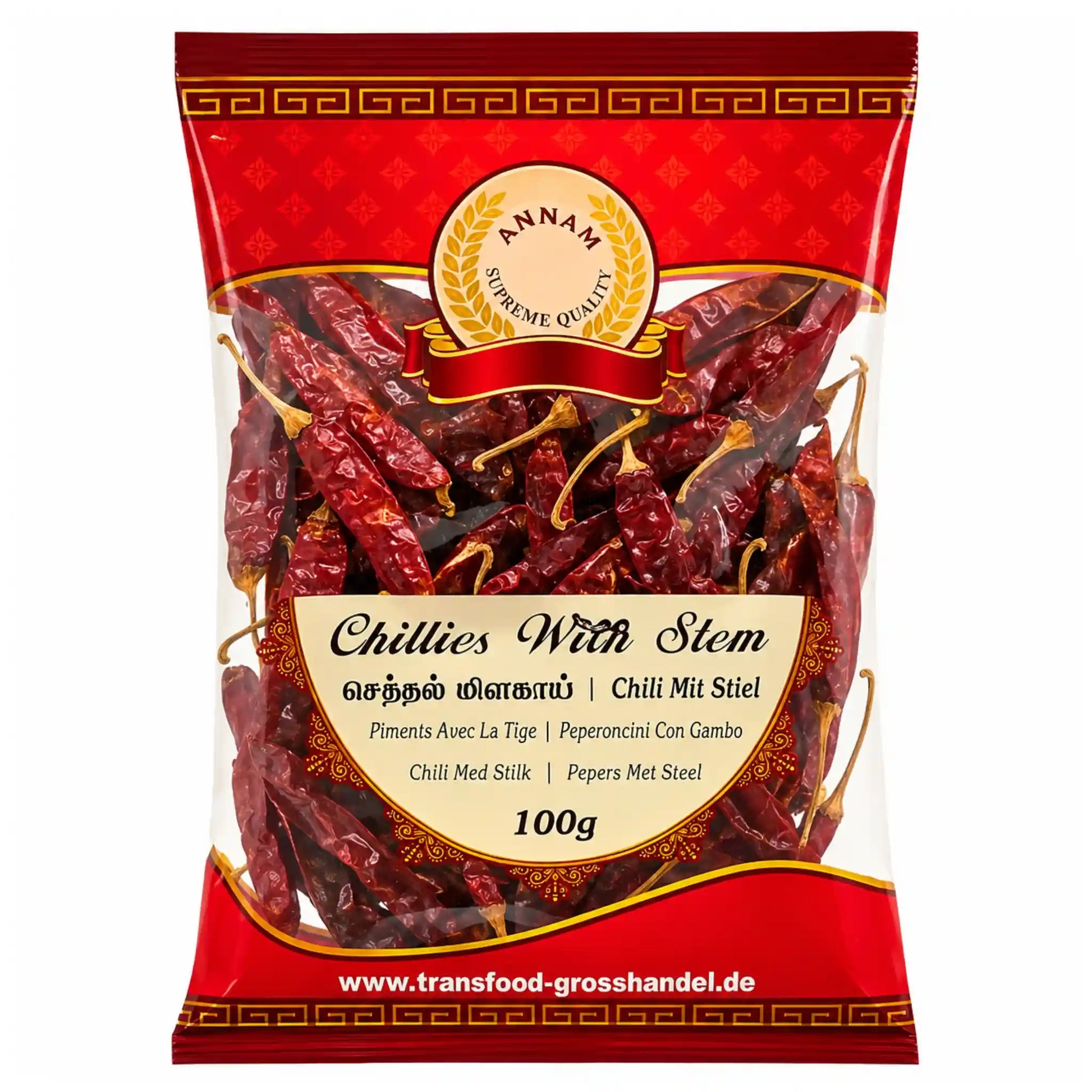 Förpackning med Annam Red Chilli 100g hela torkade röda chilifrukter.