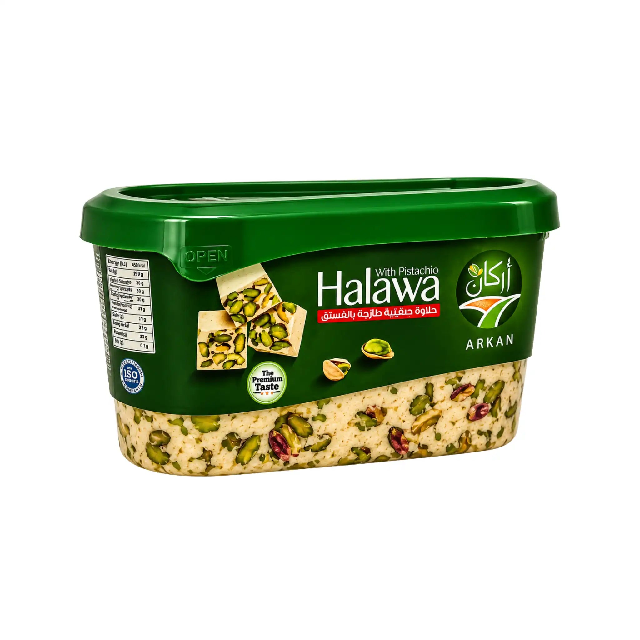 Arkana Halawa Pistage 140g från mellanöstern är en utsökt och traditionell sesamdelikatess, berikad med knapriga pistagenötter för en extra lyxig smak.