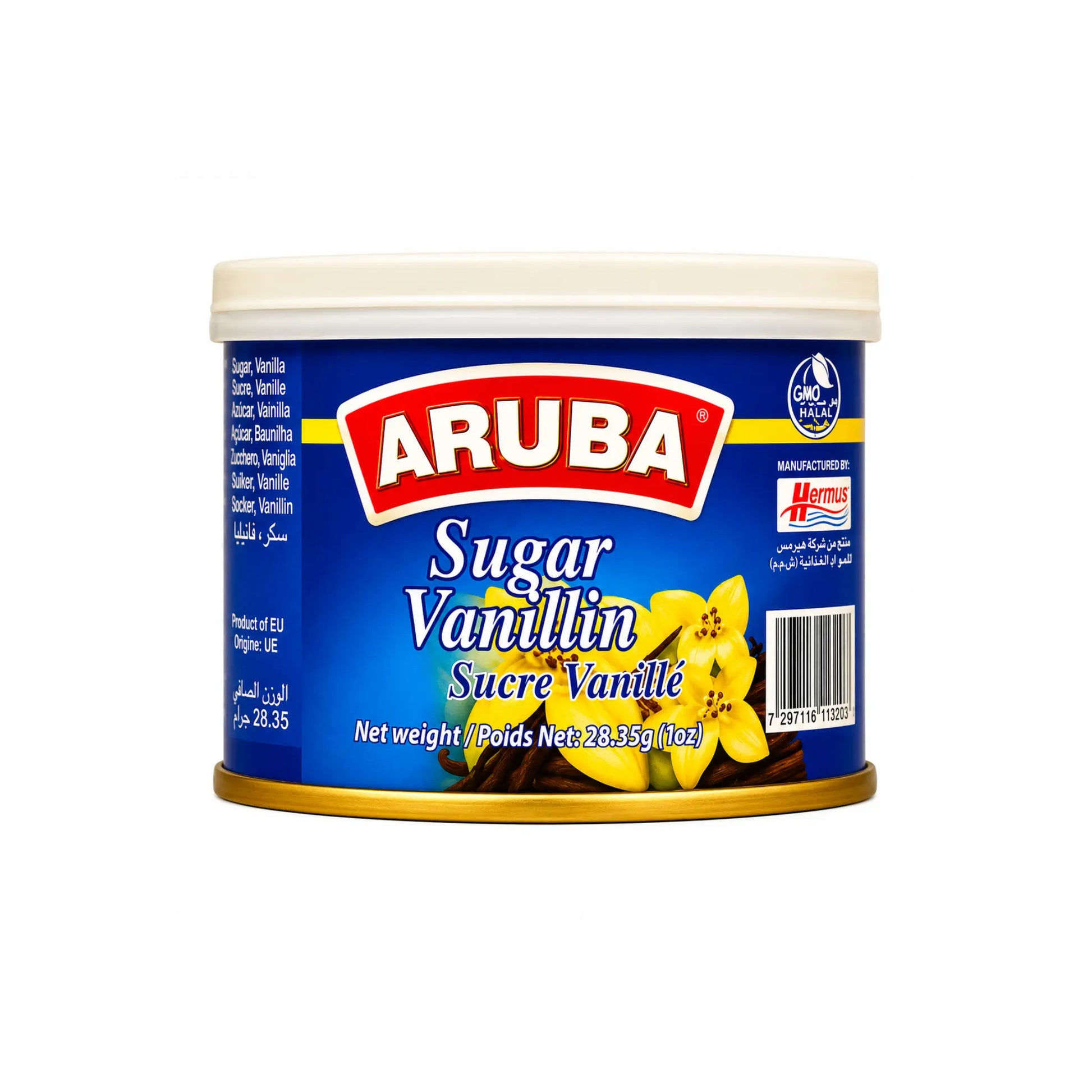 Kryddburk ARUBA vaniljsocker med blå etikett och vaniljblomma
