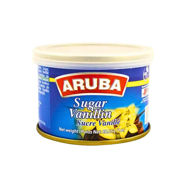 Burk med Aruba vaniljsocker 28,35g, blå etikett, vaniljblomma, vit plastlock.
