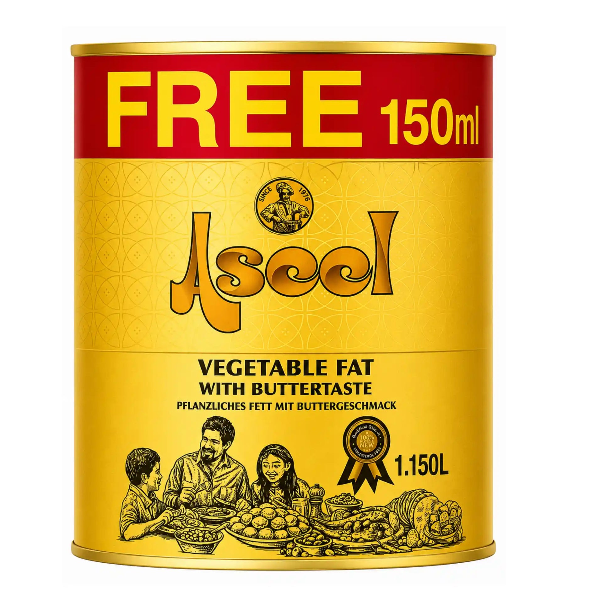 Aseel vegetabiliskt fett med smörsmak, gul metallburk 1,15 l