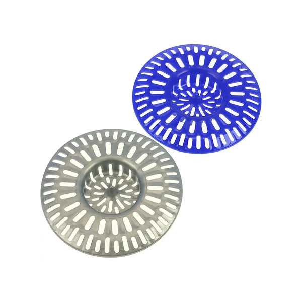 Två runda avloppssilar i plast, en blå och en grå, med perforerade mönster.