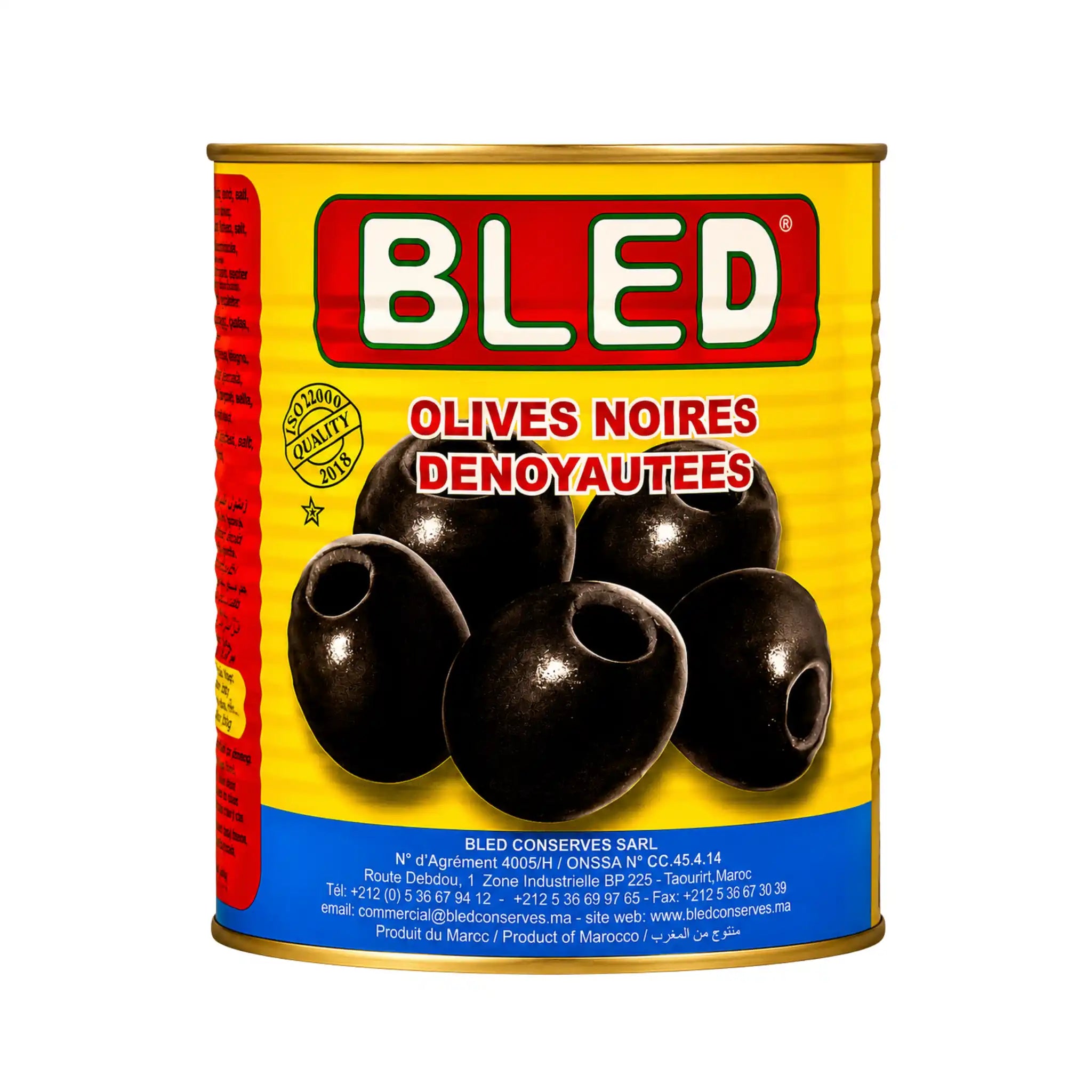 BLED svarta oliver i burk med etikett och oliver på framsidan