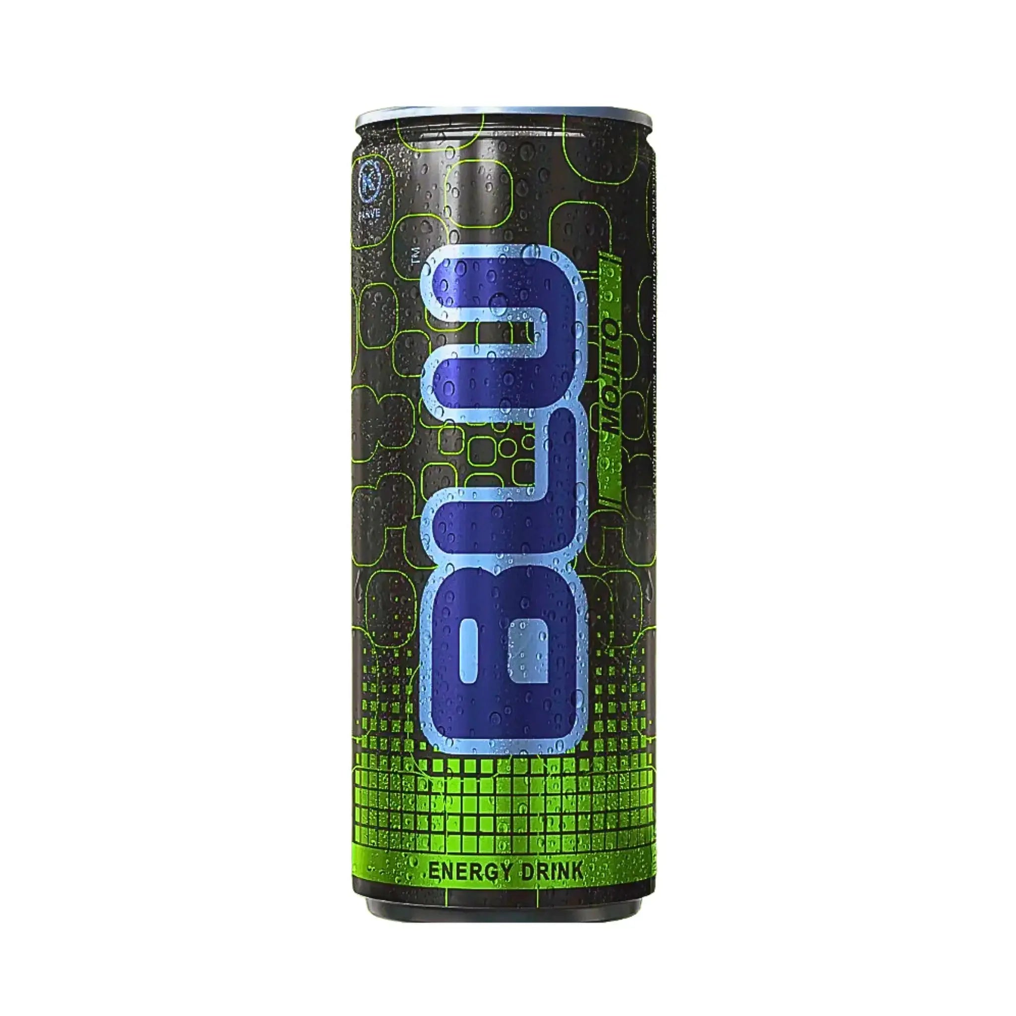 BLU Mojito energidryck burk med grön och blå design, isolerad mot vit bakgrund