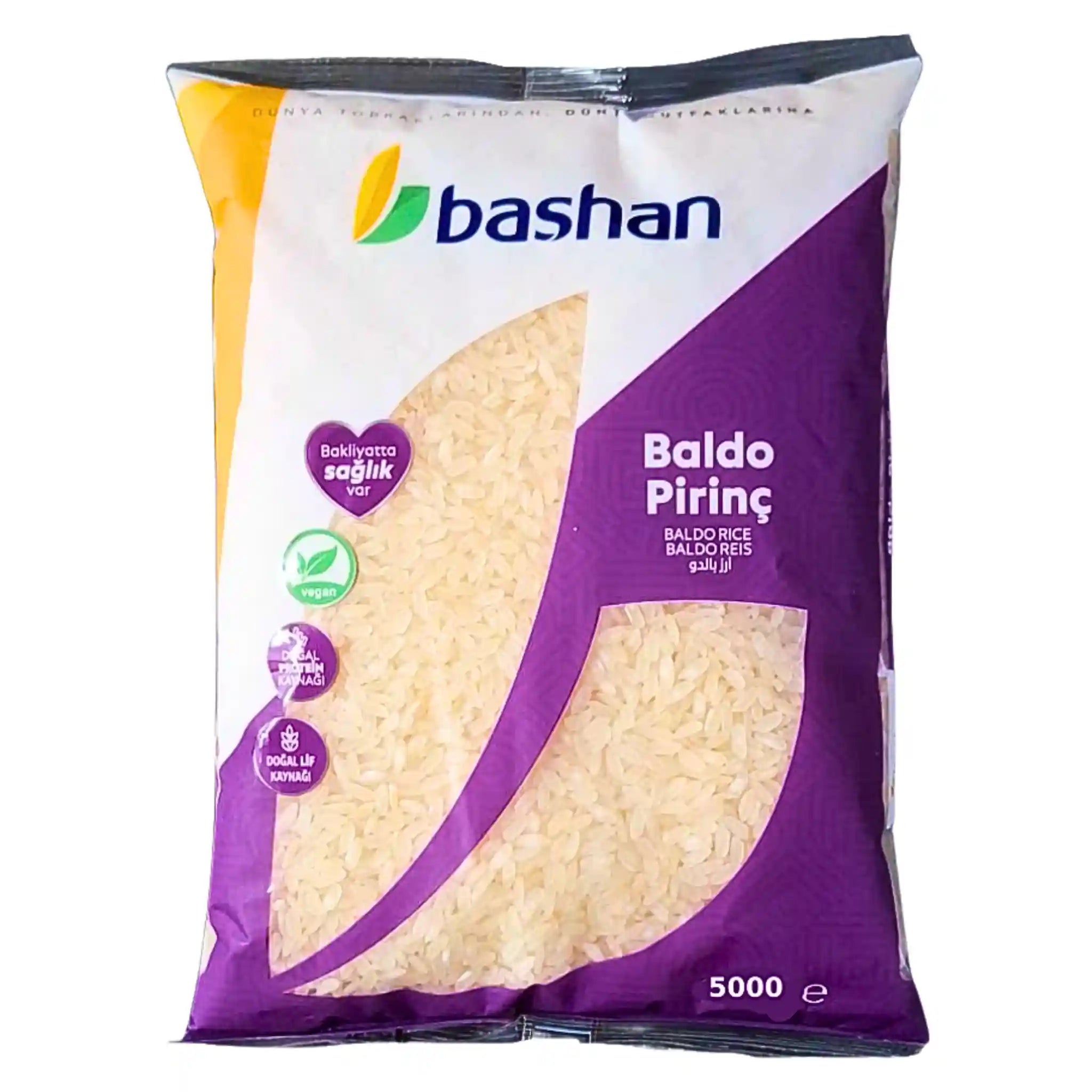 Baldo ris 5 kg i genomskinlig och lila påse med tydlig produktetikett.