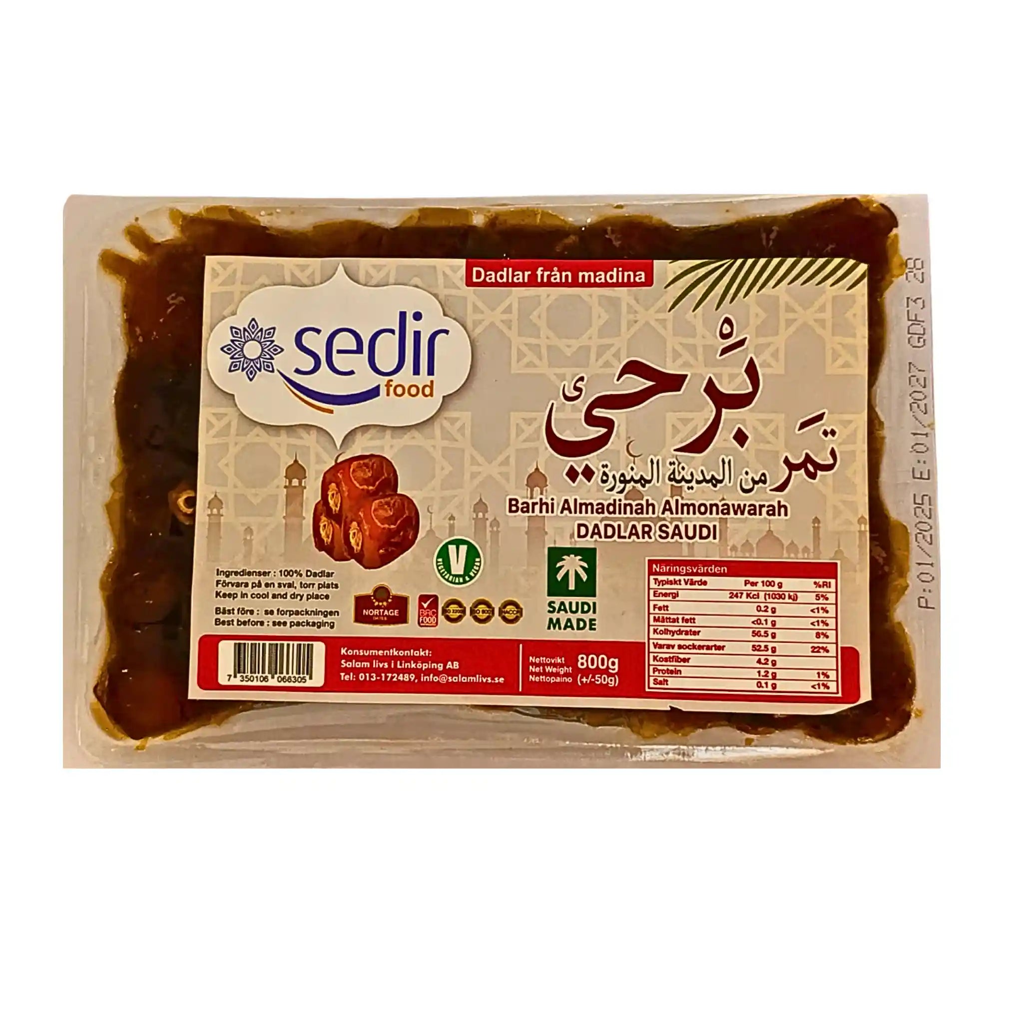 Förpackning med Berhi dadlar från Saudiarabien, 800g, vegetarisk och näringsmärkt.